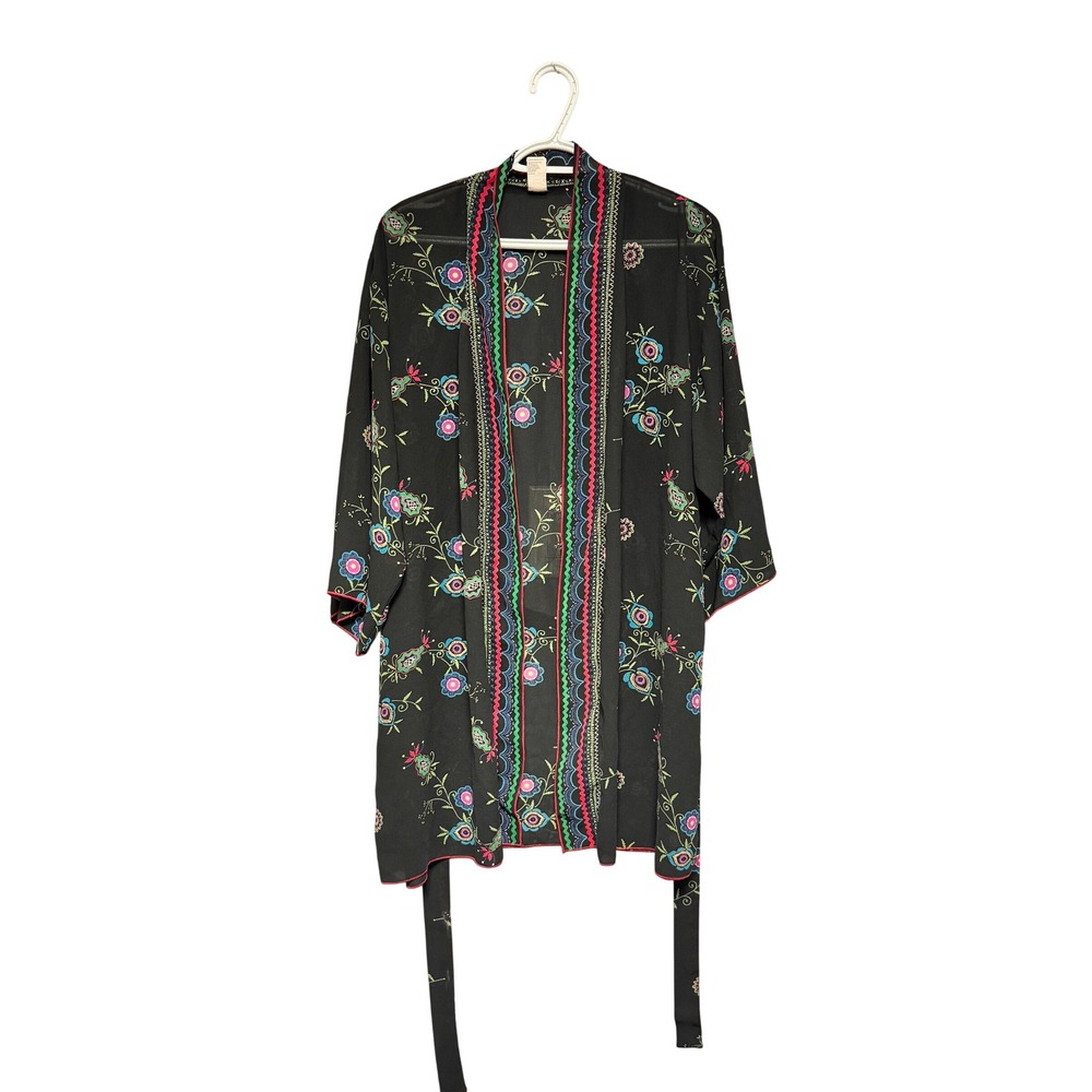 Josie Natori Black Embroidered Floral Kimono Robe Cover Up Tassel Belt Medium‎